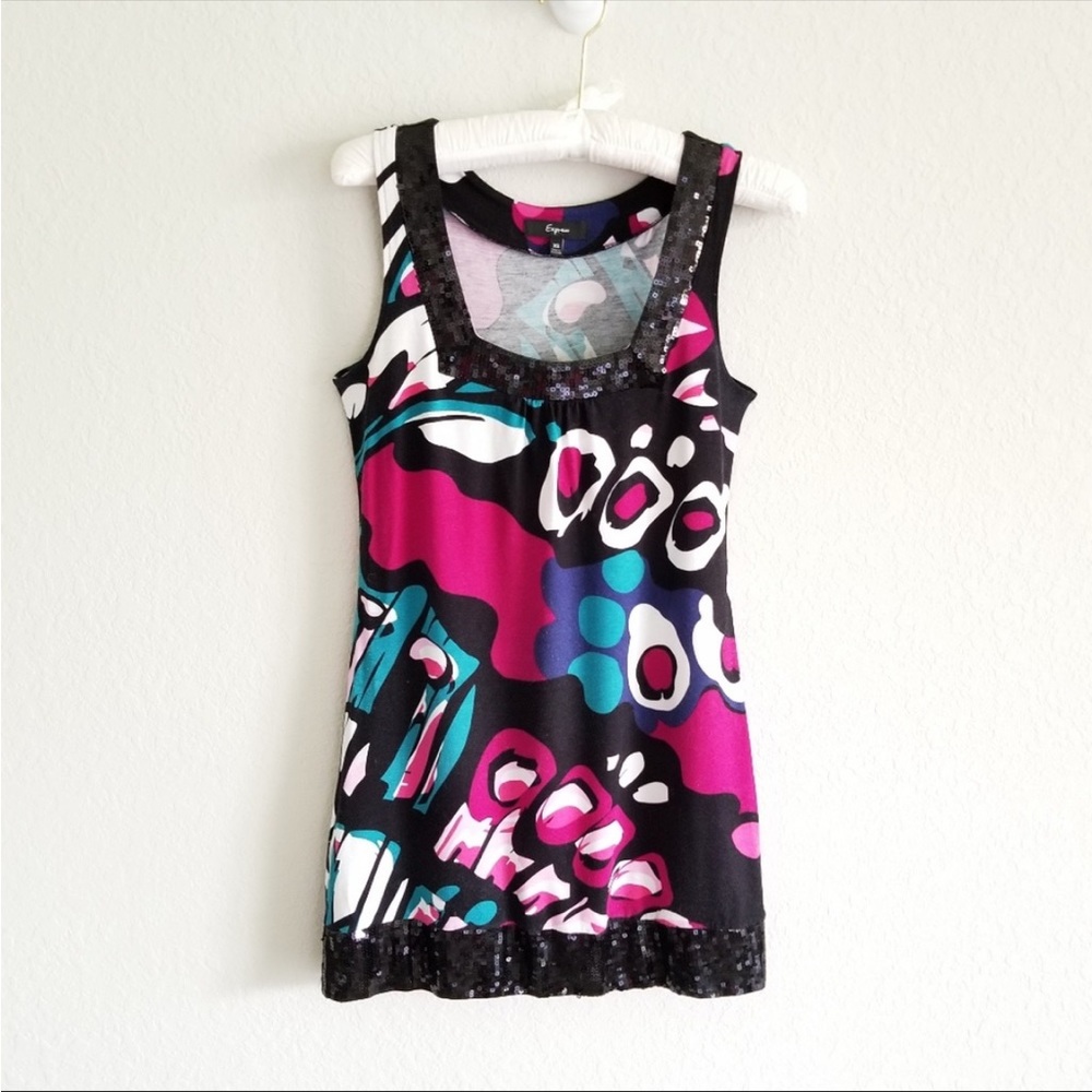 Express Abstract Art Bodycon Mini Dress with Sparkly Hem size XS